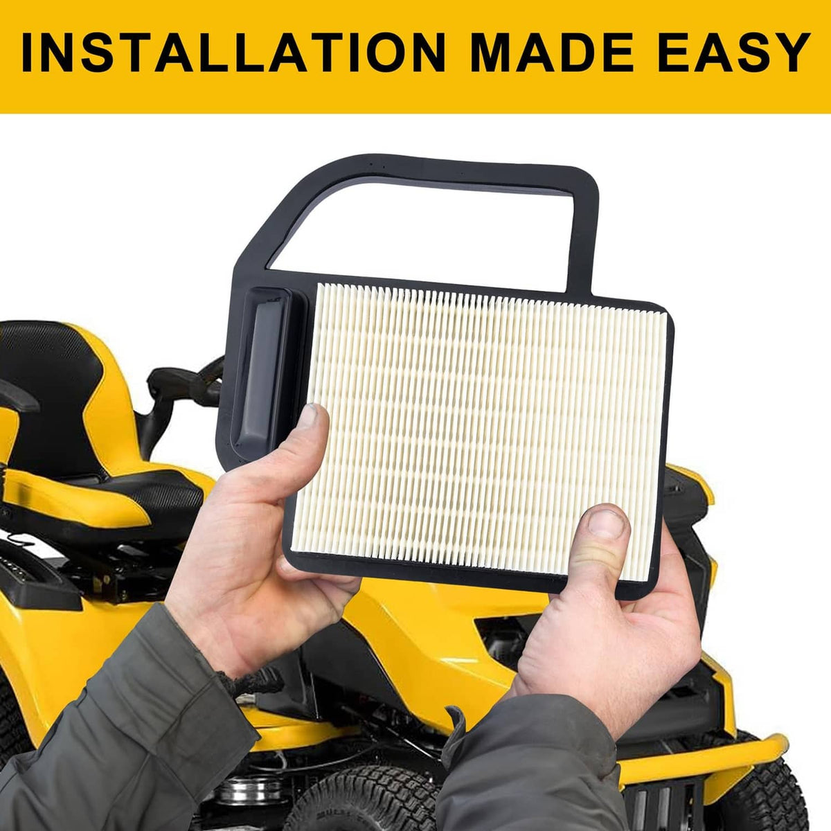 Hands holding pleated air filter element with green foam pre-filter for lawn equipment