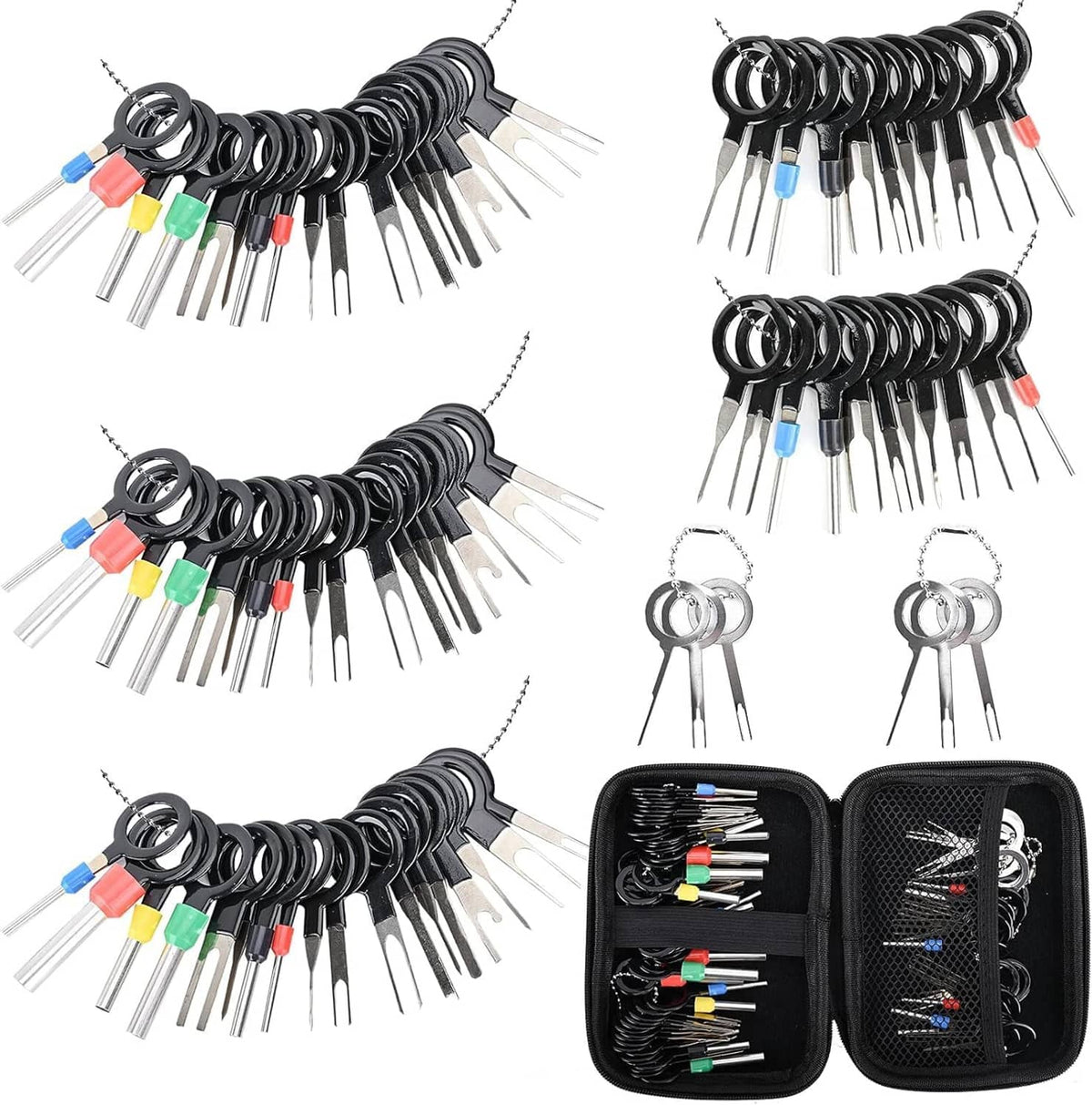 Terminal pin removal tool kit with bundled metal depinning pins and carrying case
