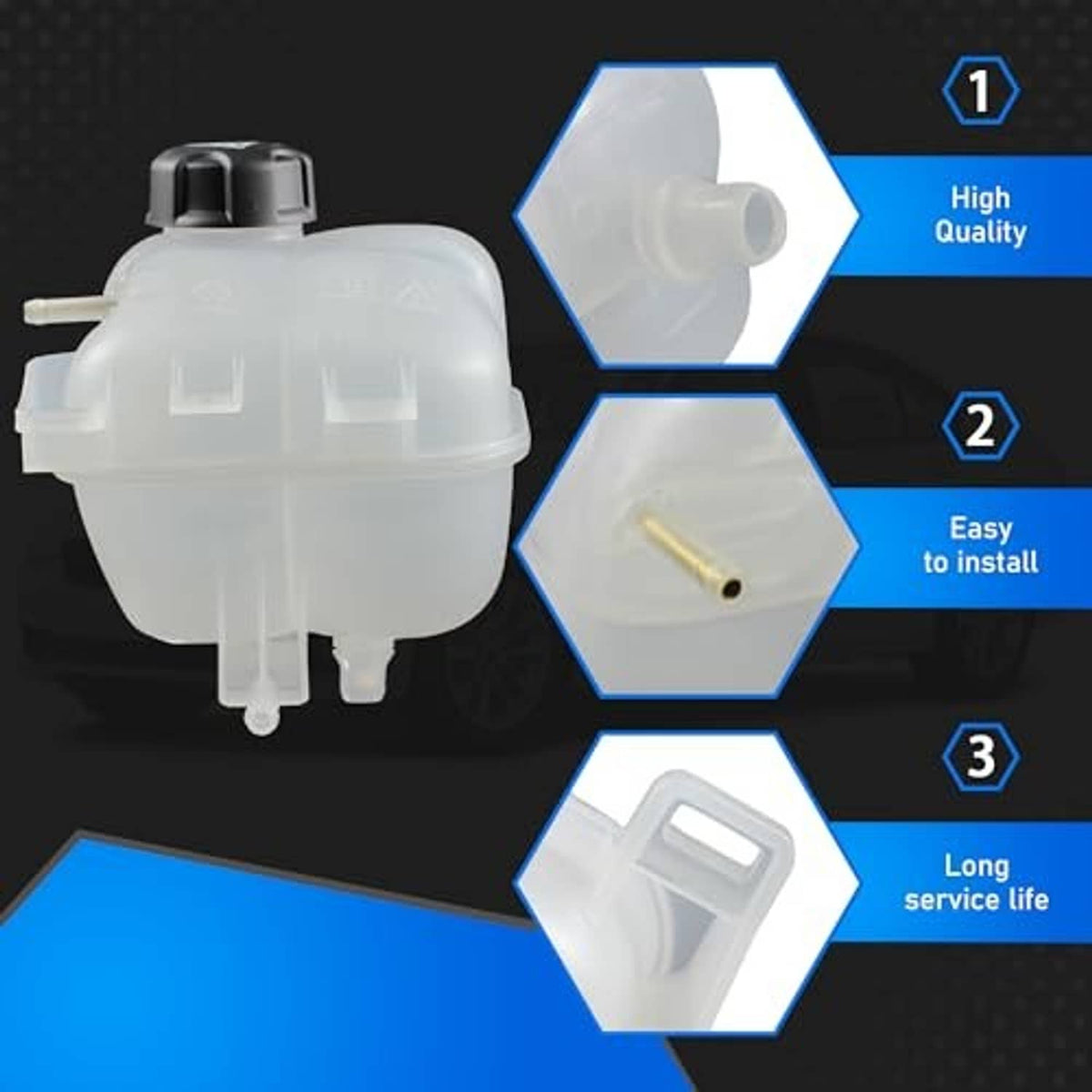 Radiator coolant reservoir tank with black cap and outlet nipples, translucent white