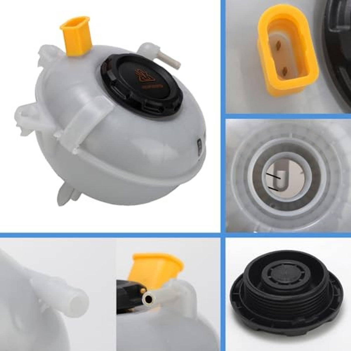 Coolant reservoir tank with cap and nozzle; includes orange insert and cap detail views.