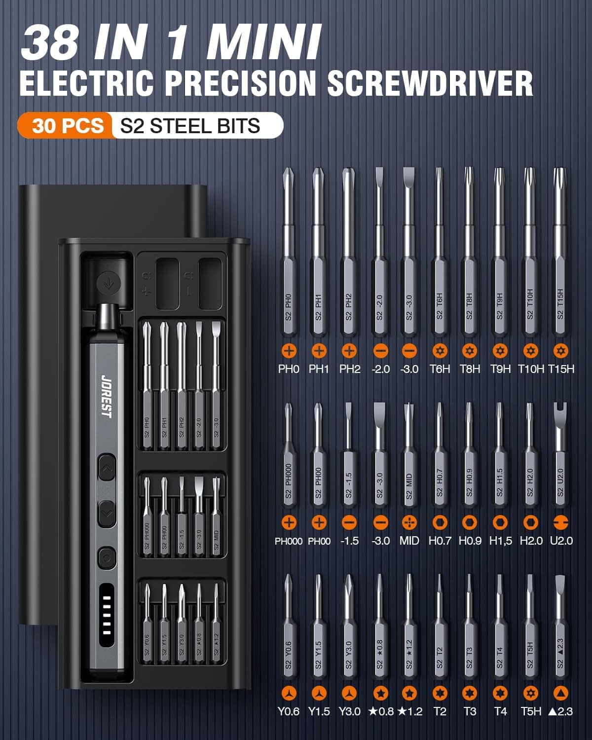 38-in-1 electric precision screwdriver kit with magnetic storage case and 30 S2 steel bits