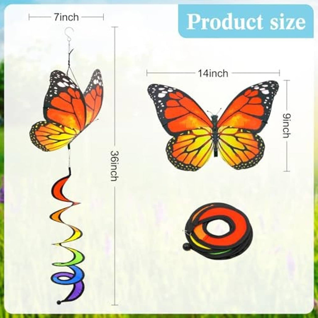 Orange butterfly wind spinner with hanging hook and rainbow curlie spring tail