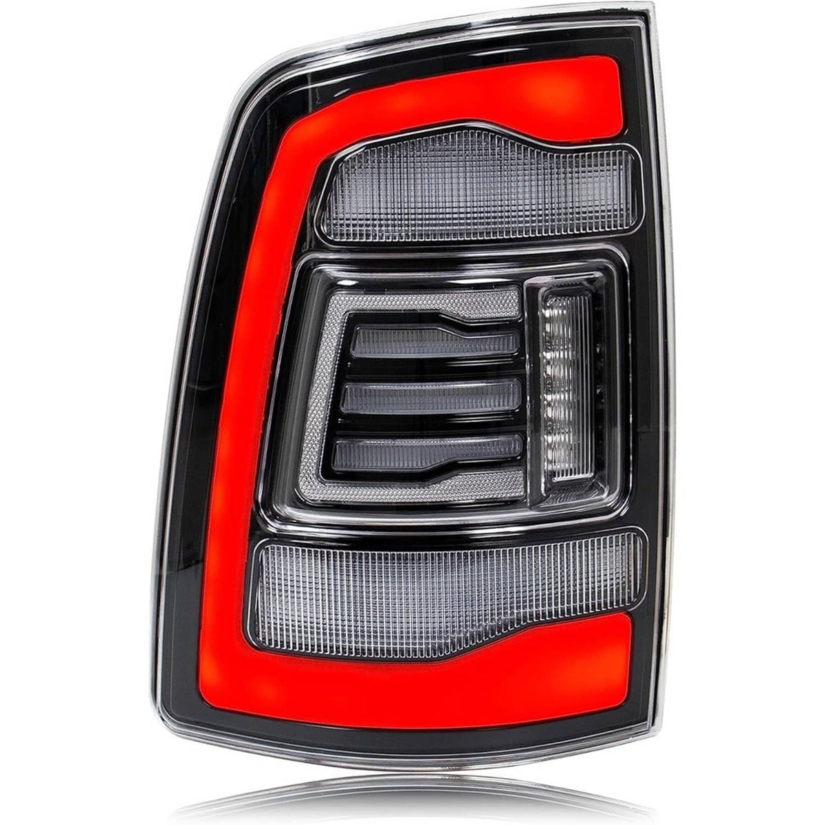 Single LED tail light with red outer trim, gray reflector, and chrome clear lens