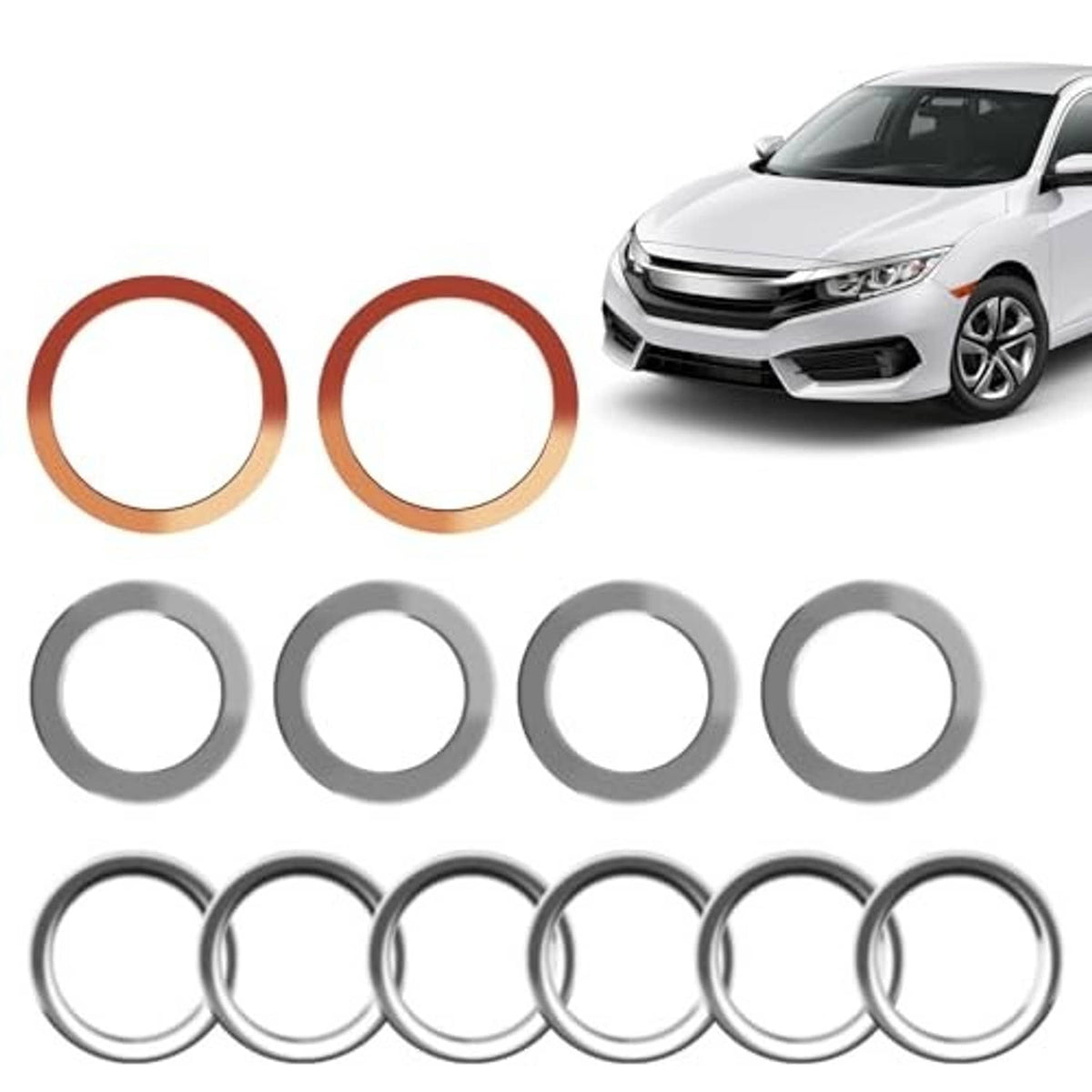 Crush washer gasket set with copper-orange and gray rings plus silver metal washers