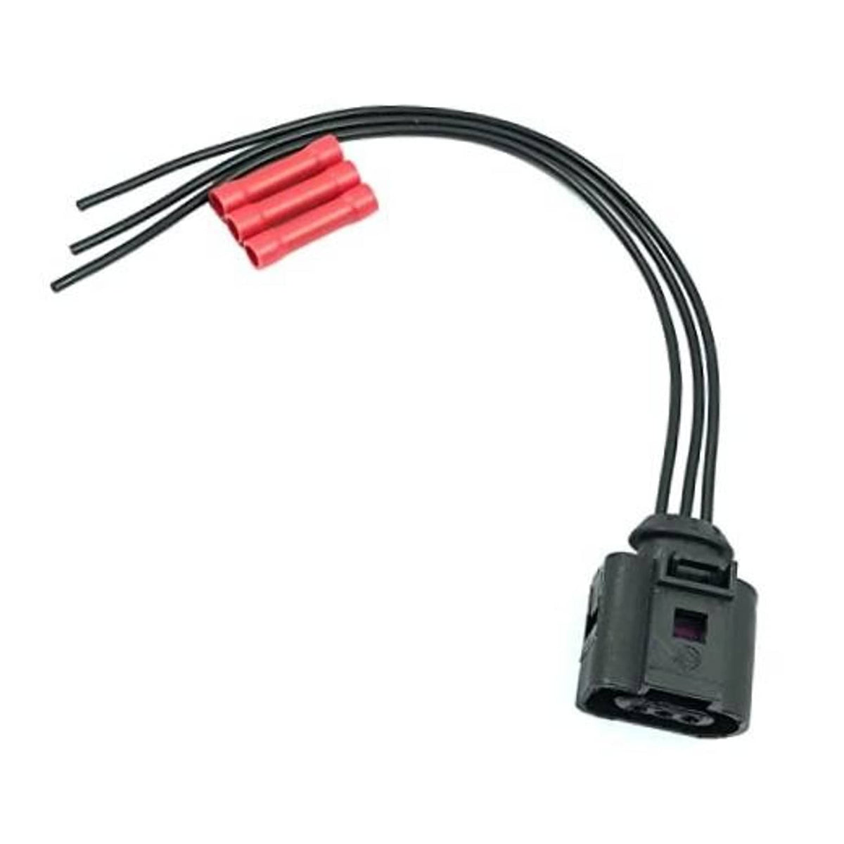 3-pin vehicle connector pigtail with black wire leads and red terminal caps