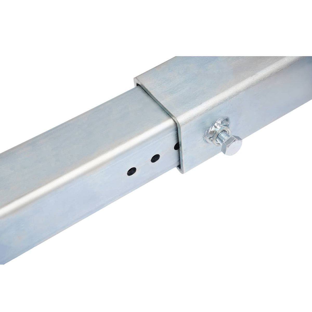 Metal crossbar bracket with mounting holes and securing bolt