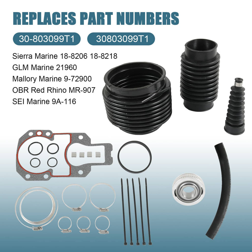 Transom bellows repair kit with black boots, gasket, O-rings, and hose