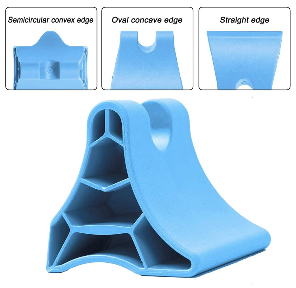 Blue cervical support tool shown with different edge profiles and sculpted cradle.
