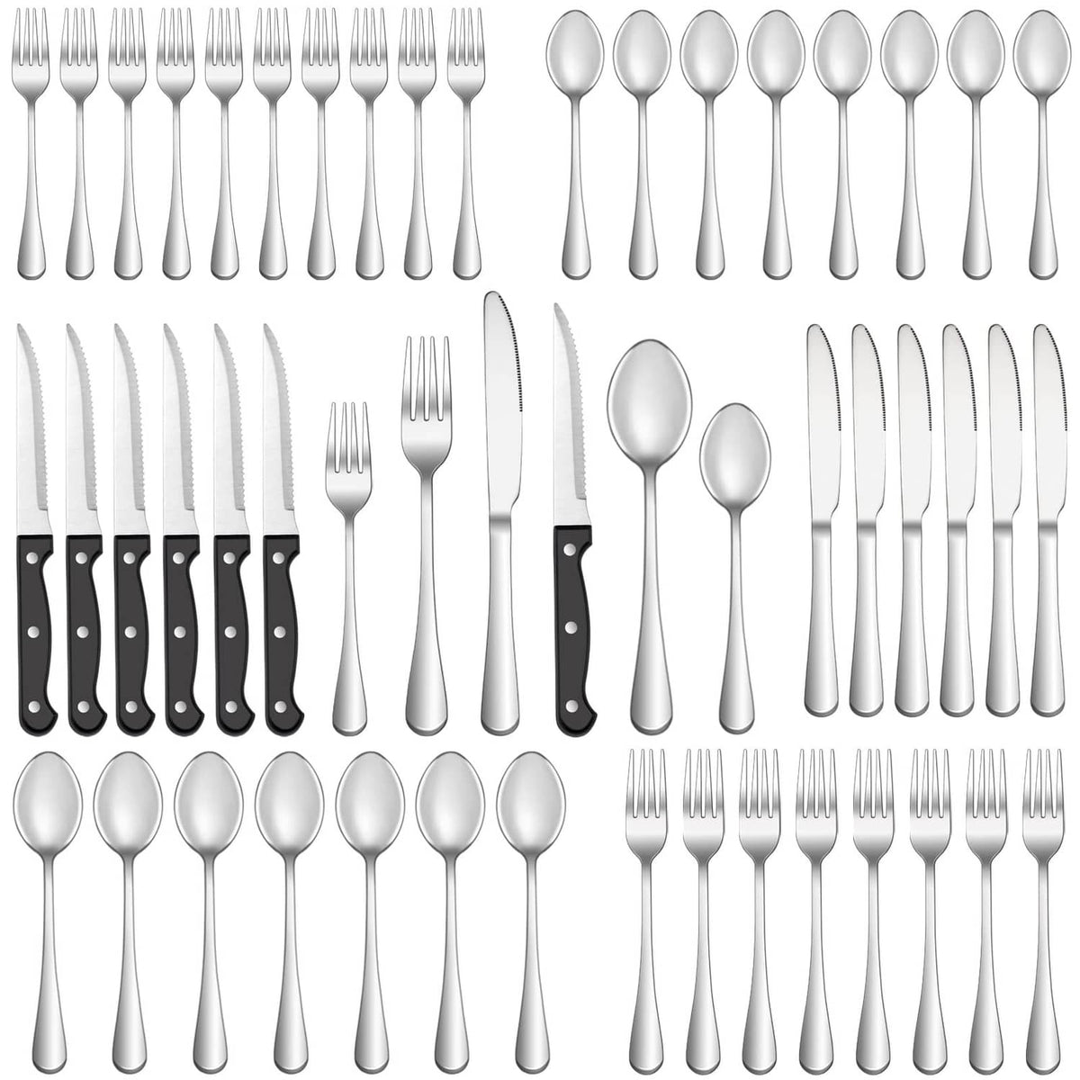 Stainless steel cutlery set with steak knives, forks, spoons, and teaspoons for 8