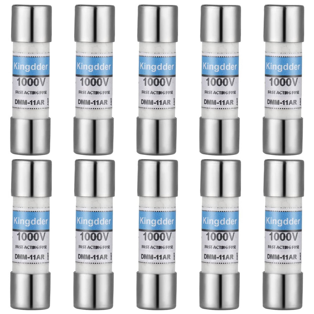Ceramic instrument fuses, silver caps with blue Kingdder 1000V label, DMM-11AR.