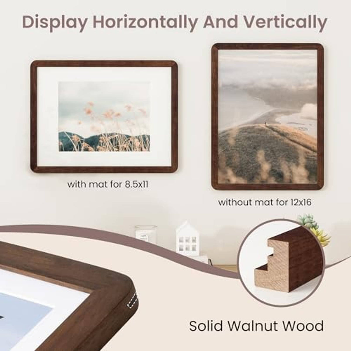 Walnut wood picture frame shown with horizontal and vertical display options