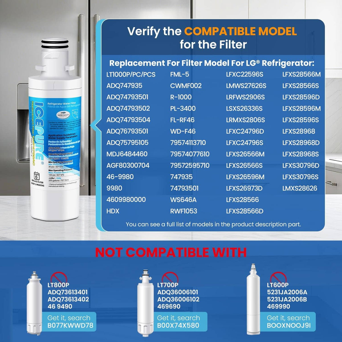 White refrigerator water filter cartridge with blue label, shown with model compatibility chart