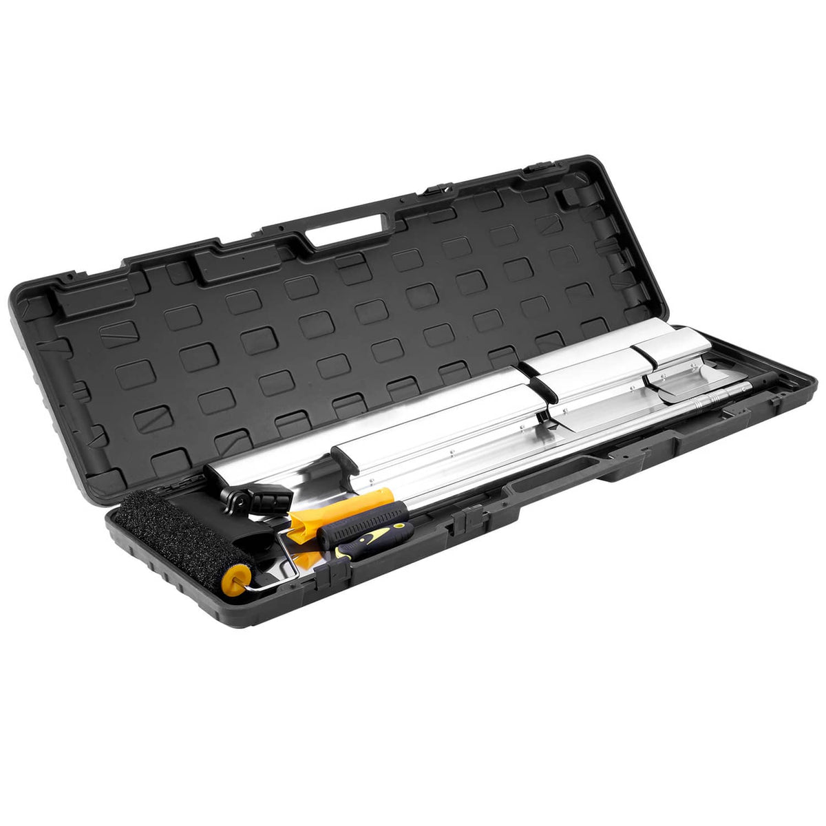 Opened drywall skimming blade set with metal edges and black handles in case