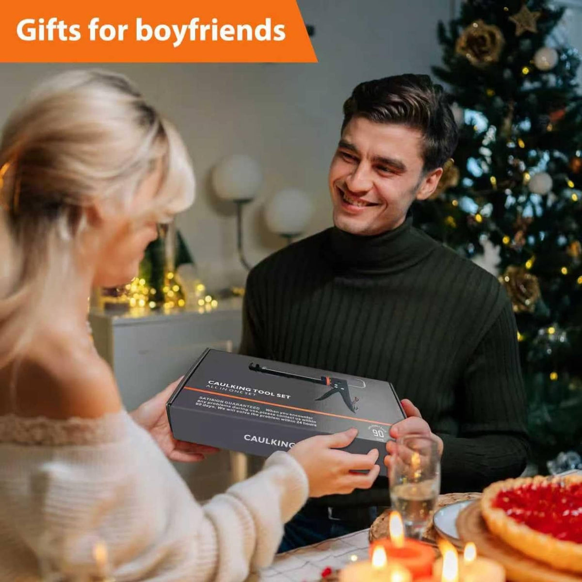 Caulking tool set box held during gift giving, with black caulk gun image