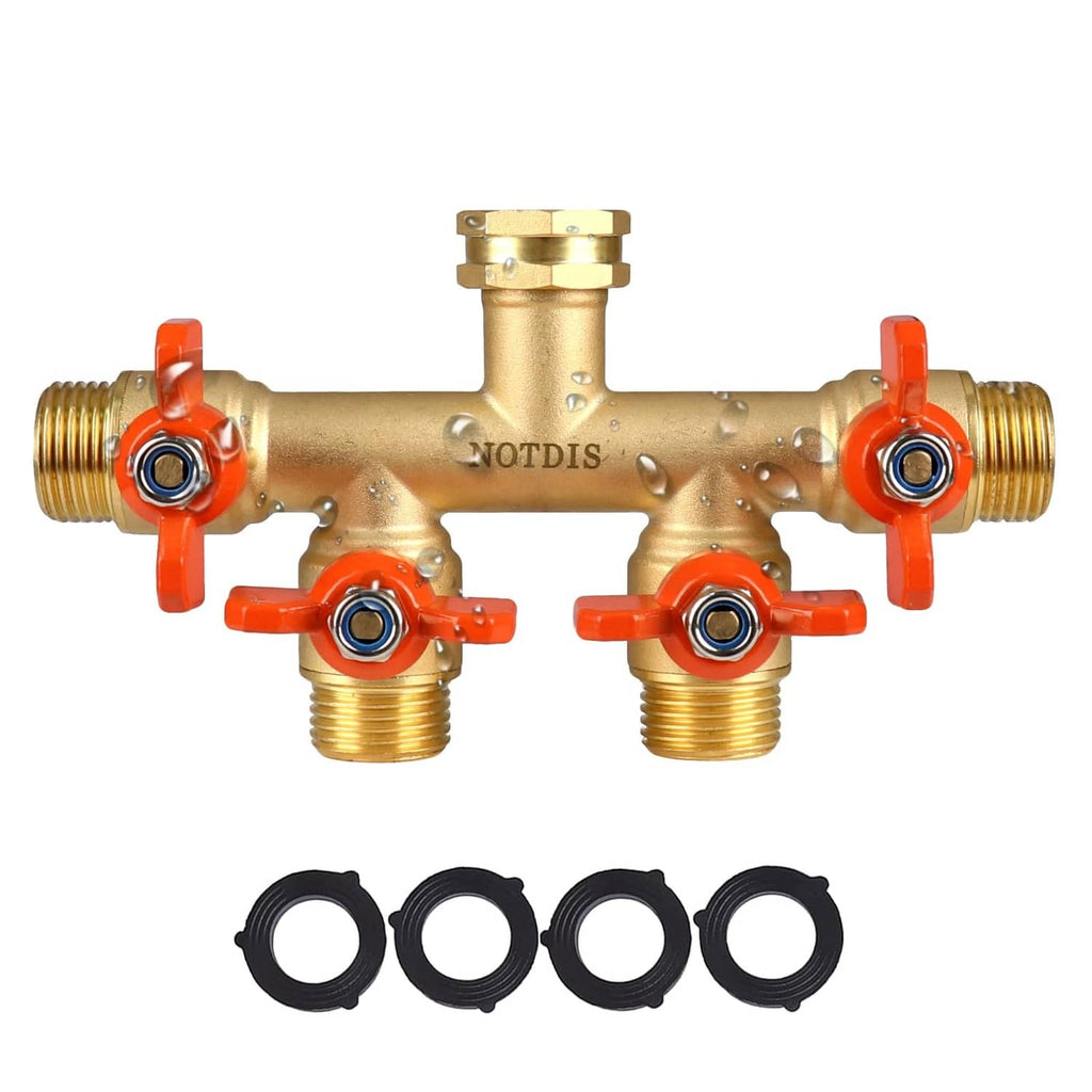 Brass 4-way hose splitter with four orange lever valves and threaded hose connections