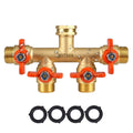 Brass 4-way hose splitter with four orange lever valves and threaded hose connections