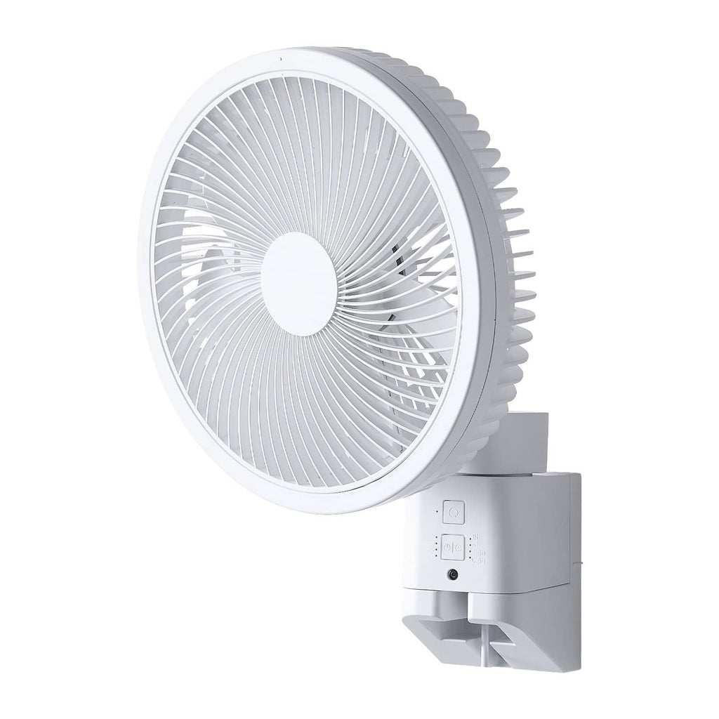 Wall-mounted oscillating fan with white grill and gray mount, front view
