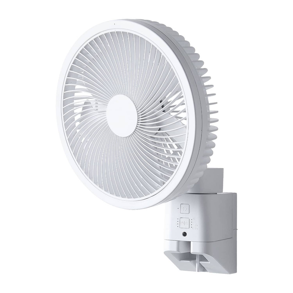 Wall-mounted oscillating fan with white grill and gray mount, front view