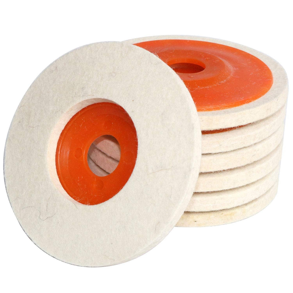 Wool felt polishing wheel pad set with orange center hole and stacked discs