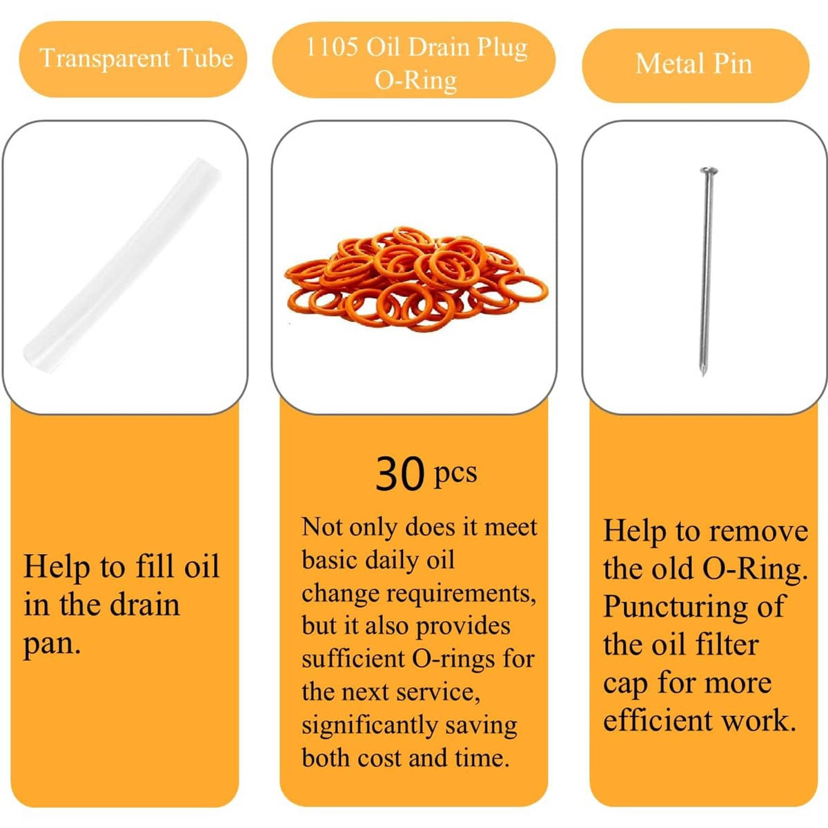 Oil drain kit parts: clear tube, orange O-rings (30 pcs), and metal drain pin