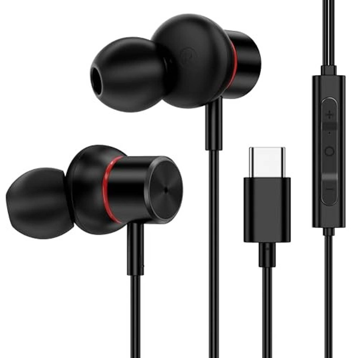 Pair of black wired in-ear earbuds with USB-C plug and inline remote control
