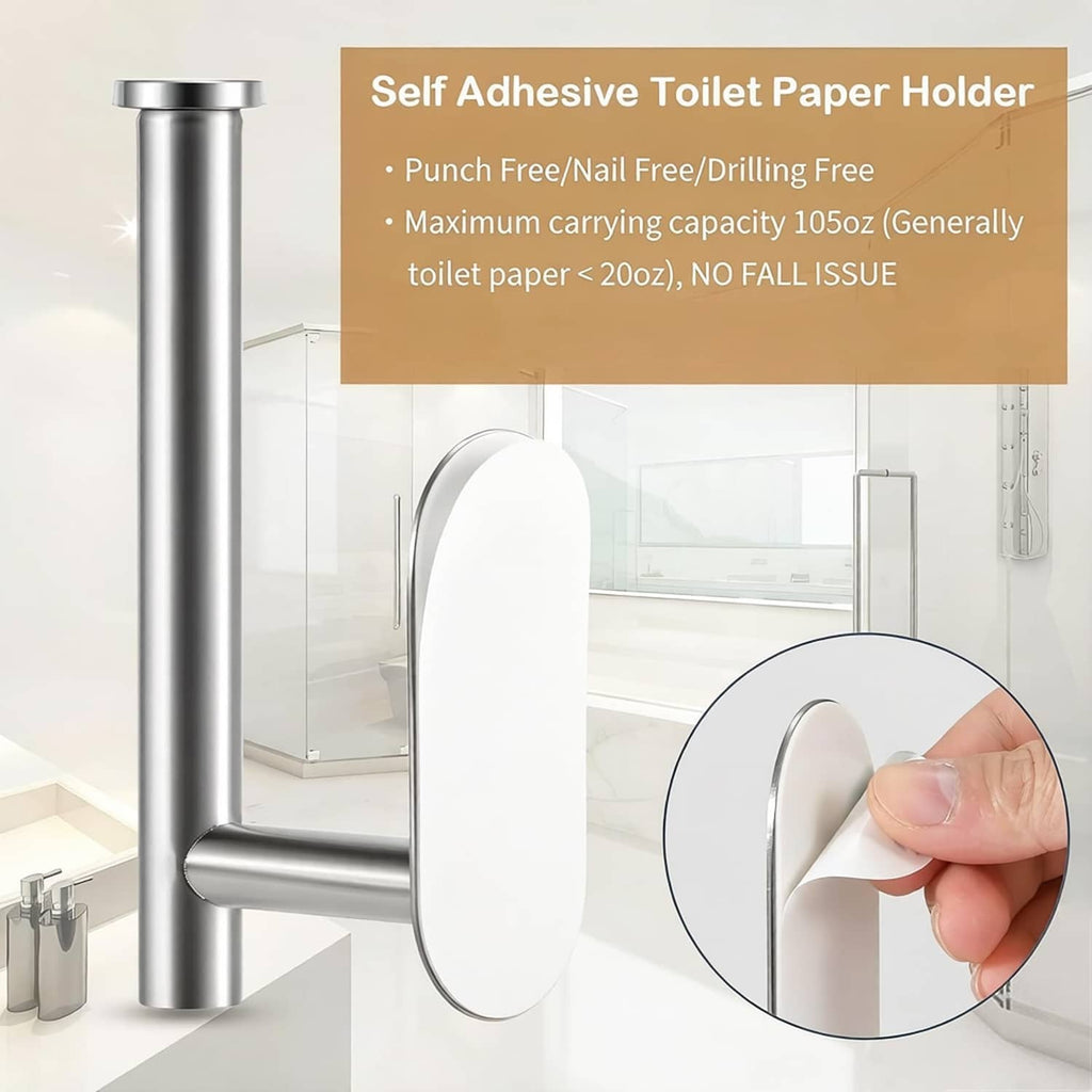 Self-adhesive brushed nickel toilet paper holder with base plate on a smooth wall