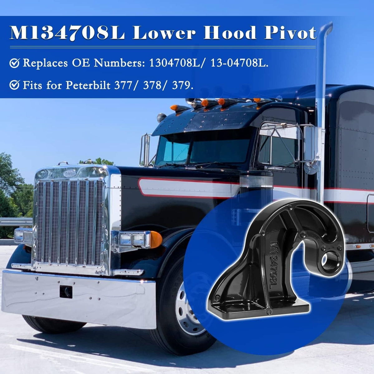 Black left lower hood pivot bracket mounted on a truck front