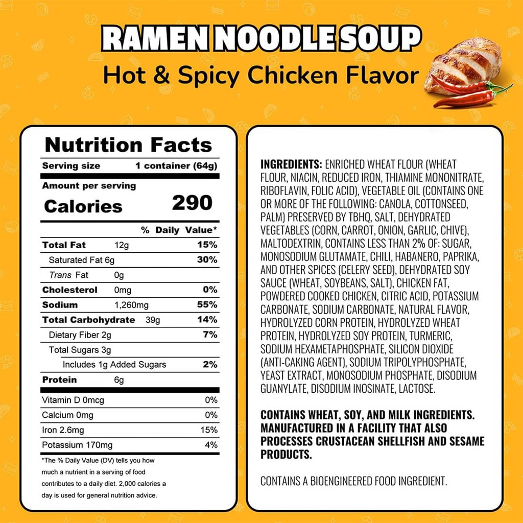 Nutrition facts panel for ramen noodle soup, Hot & Spicy Chicken flavor, serving size 1 container