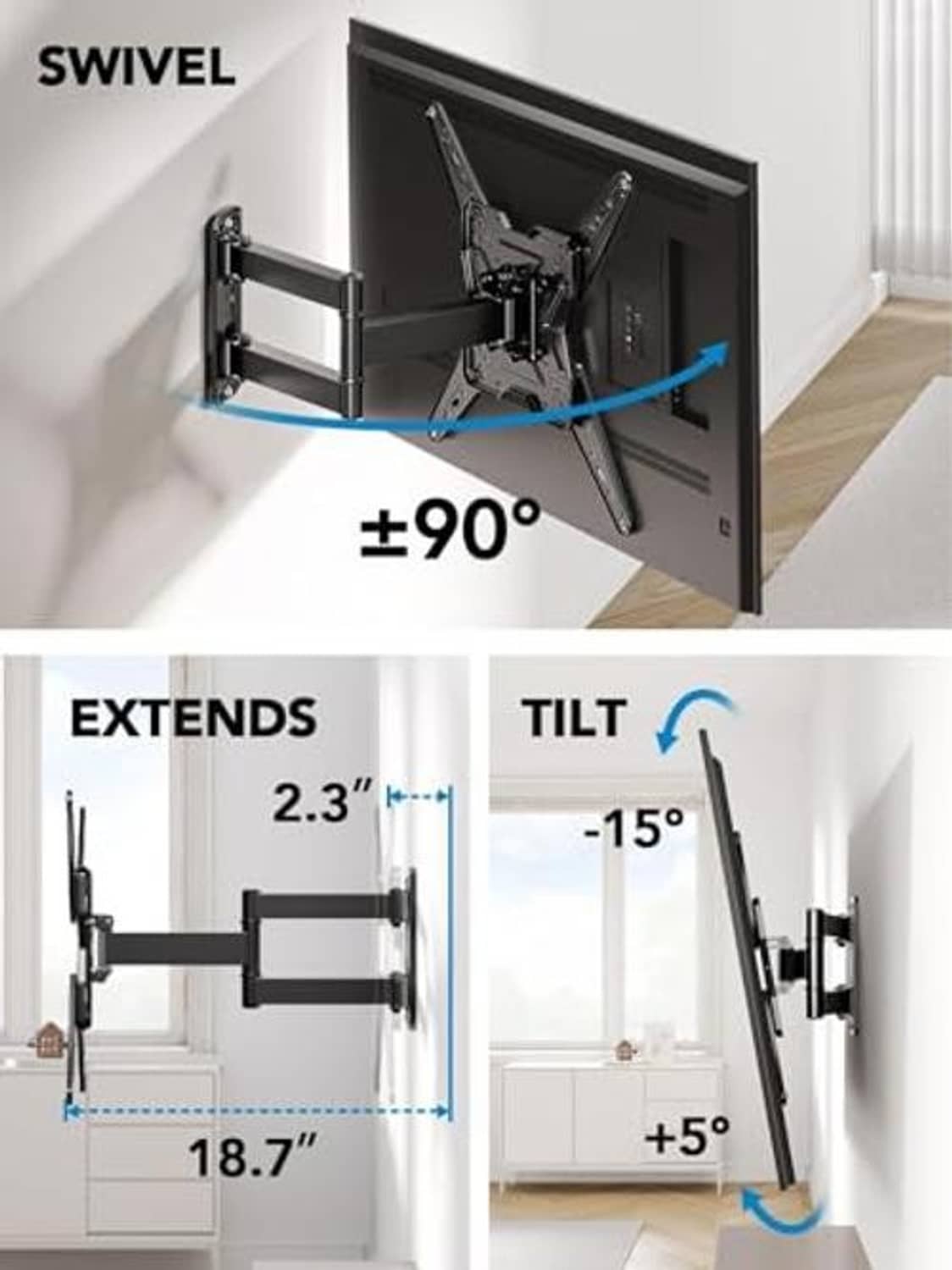 Swivel and tilt TV wall mount diagram showing extend and angle ranges