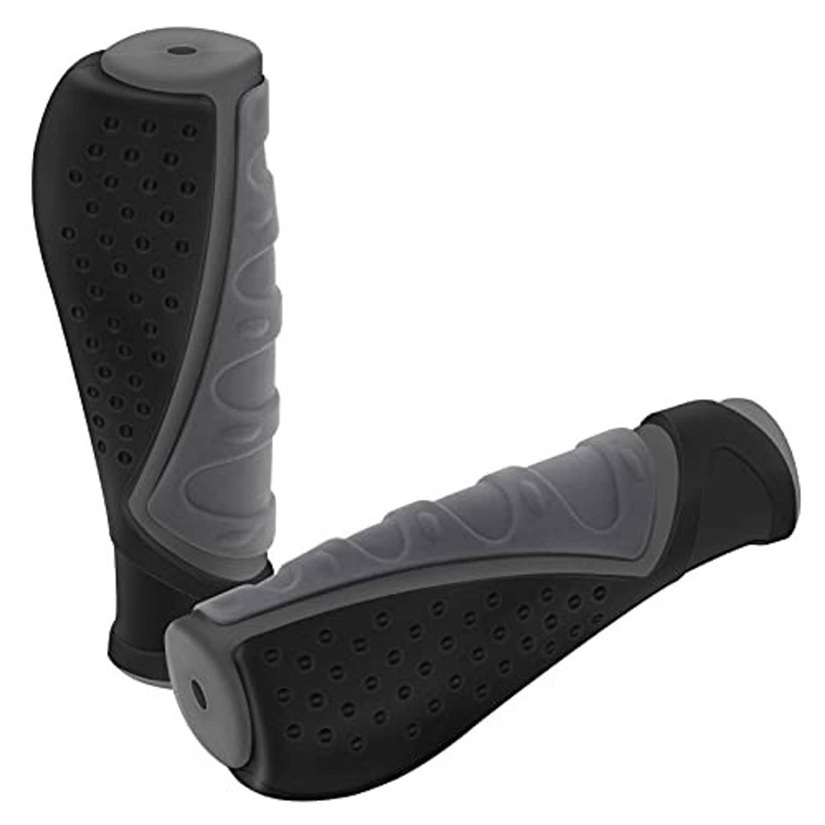 Black rubber bike handlebar grips with dot pattern, ribbed center section, flared end