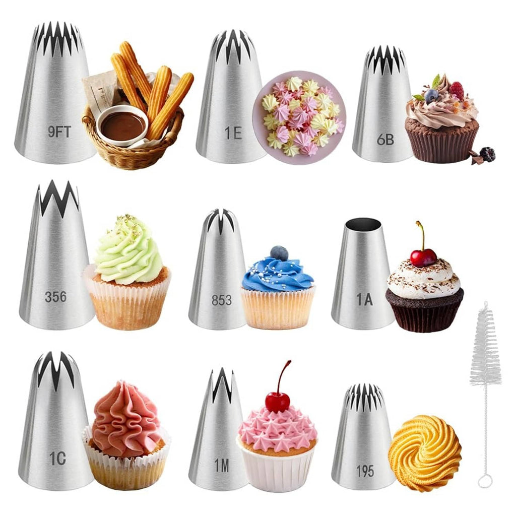 Stainless steel piping tips set with multiple conical nozzles, assorted sizes for frosting
