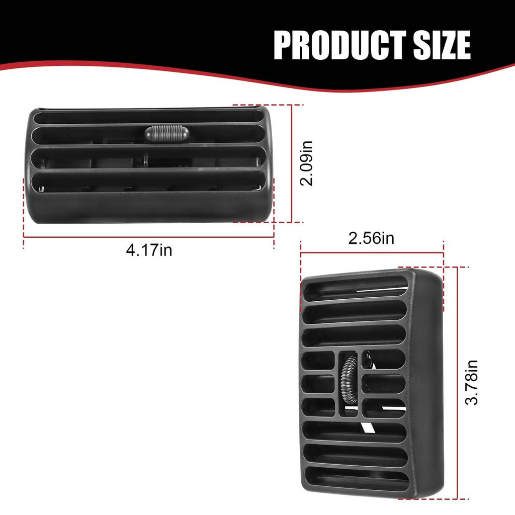 Black rectangular AC vent grille with horizontal louvers and central knob; side view.