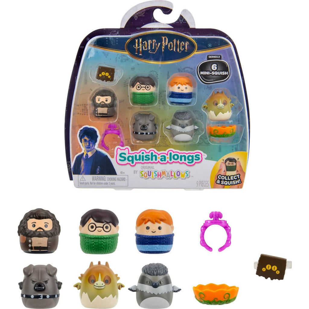 Mini squish collectible figures set in a window box with character lineup and accessories