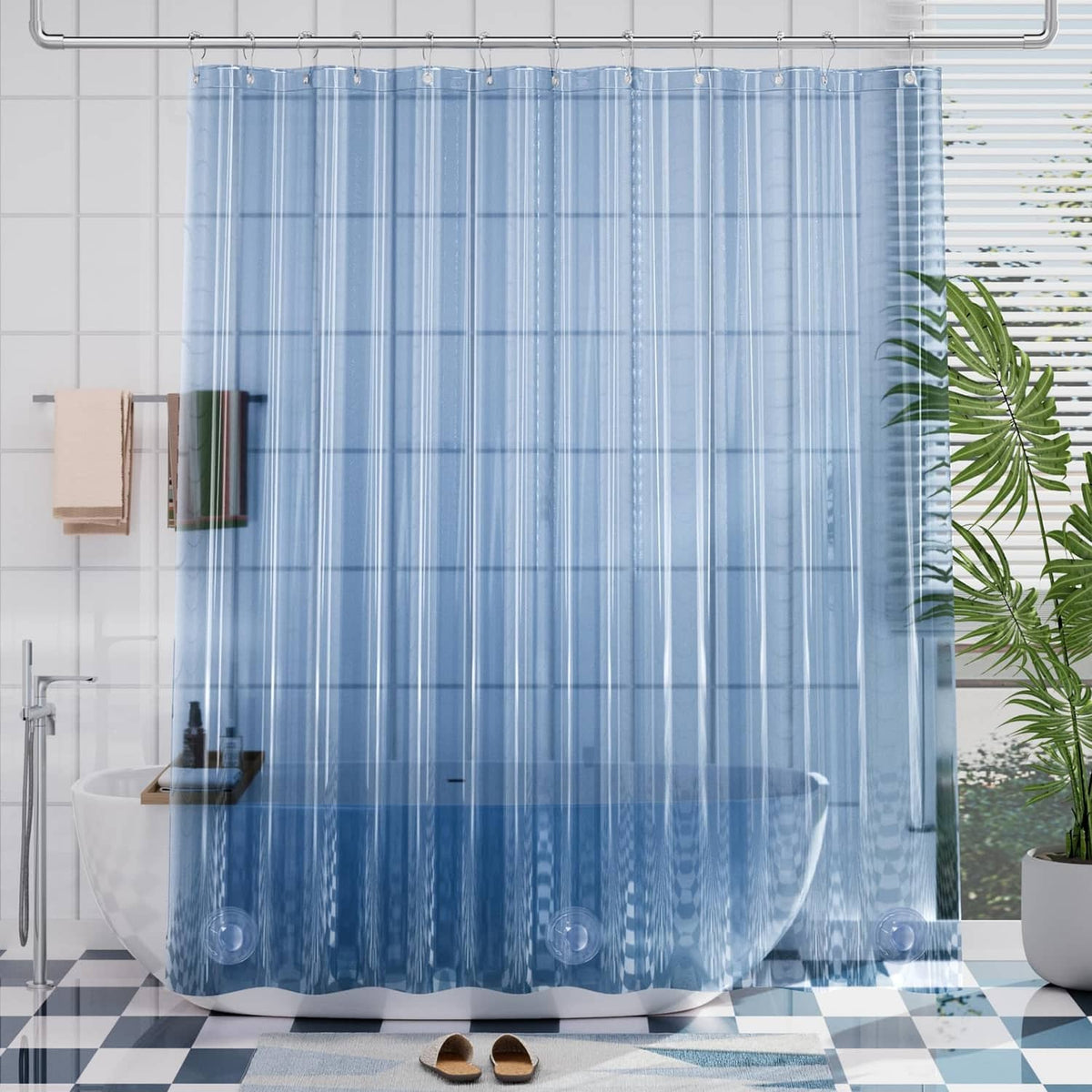 Blue translucent shower curtain with buttonhole grommets and pleated vertical stripes.