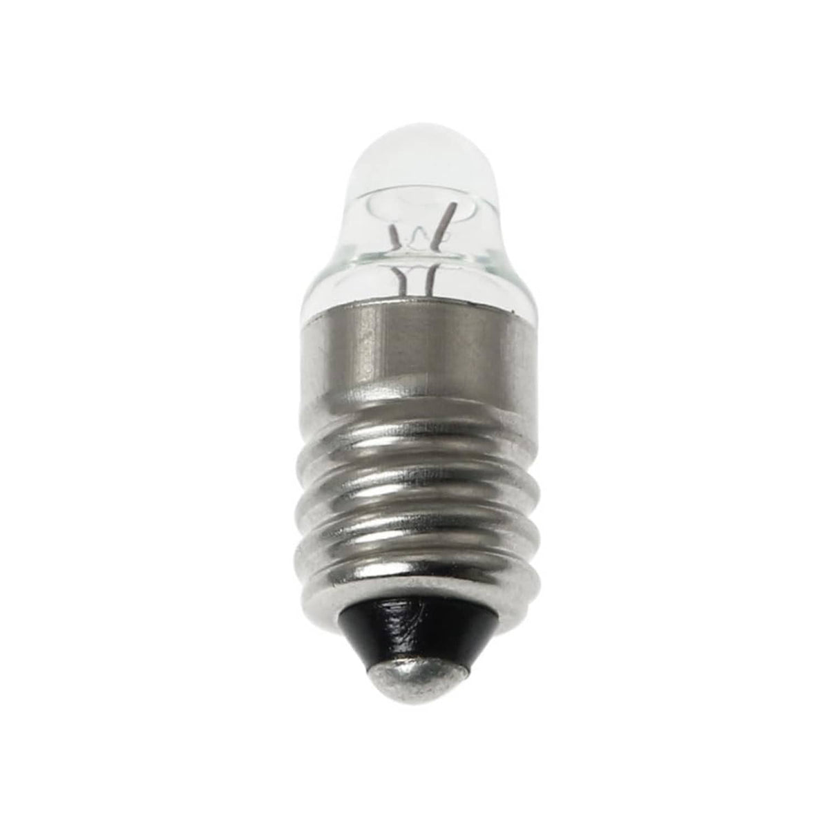 Mini E10 screw-base bulb with clear glass tip and metal threaded base