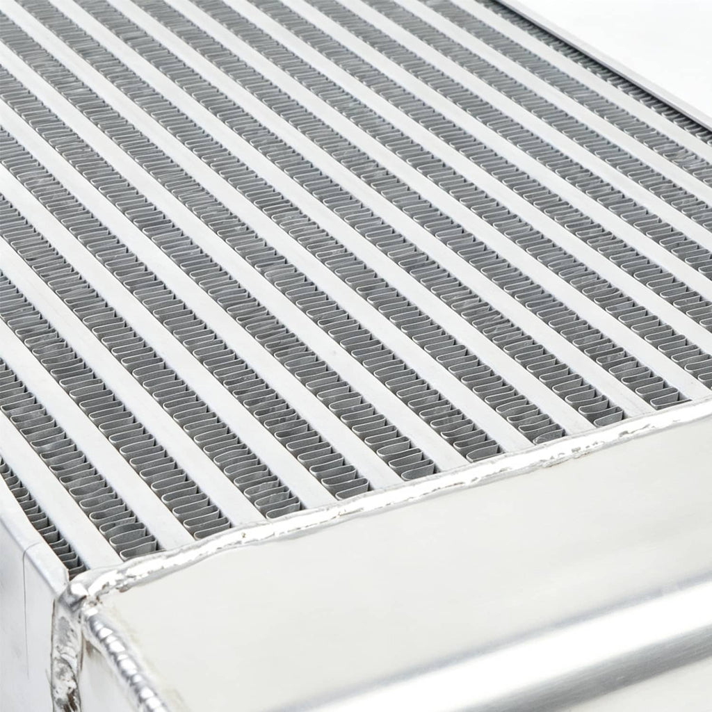 Close-up of intercooler aluminum core with dense horizontal cooling fins