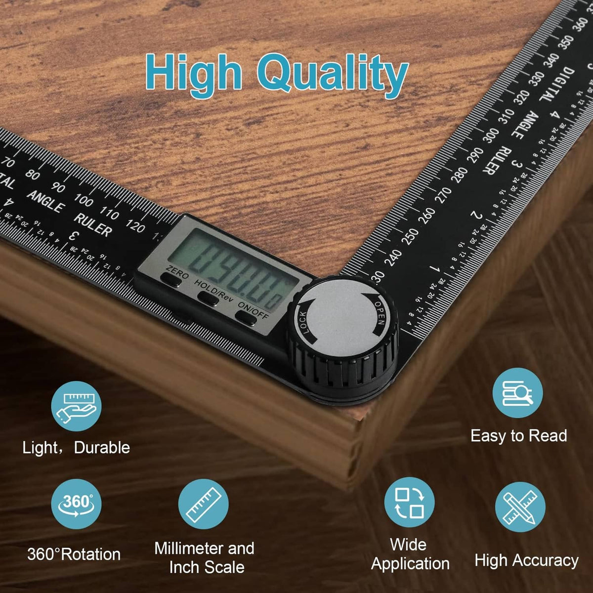 Digital angle ruler protractor with LCD reading and millimeter/inch markings on black body