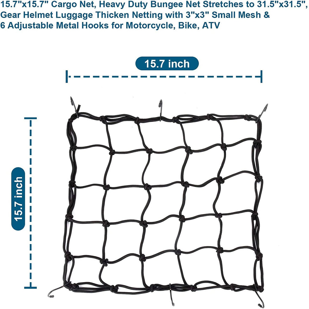 Black cargo bungee net with elastic grid pattern and metal hooks, square layout