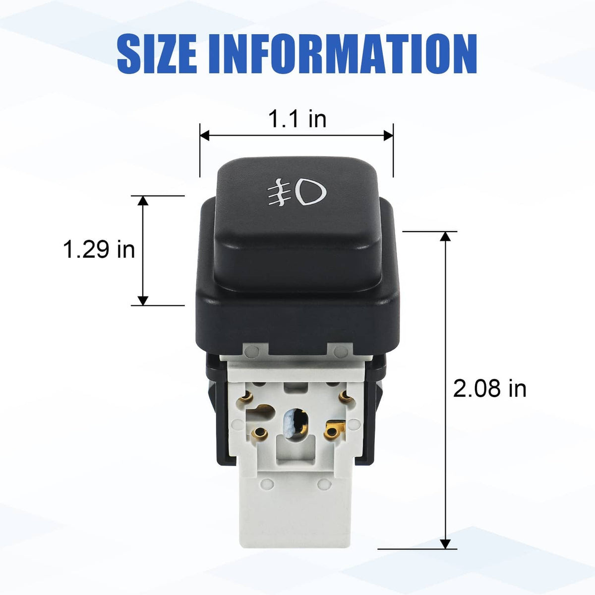 Black fog light rocker switch with icon and exposed connector terminal