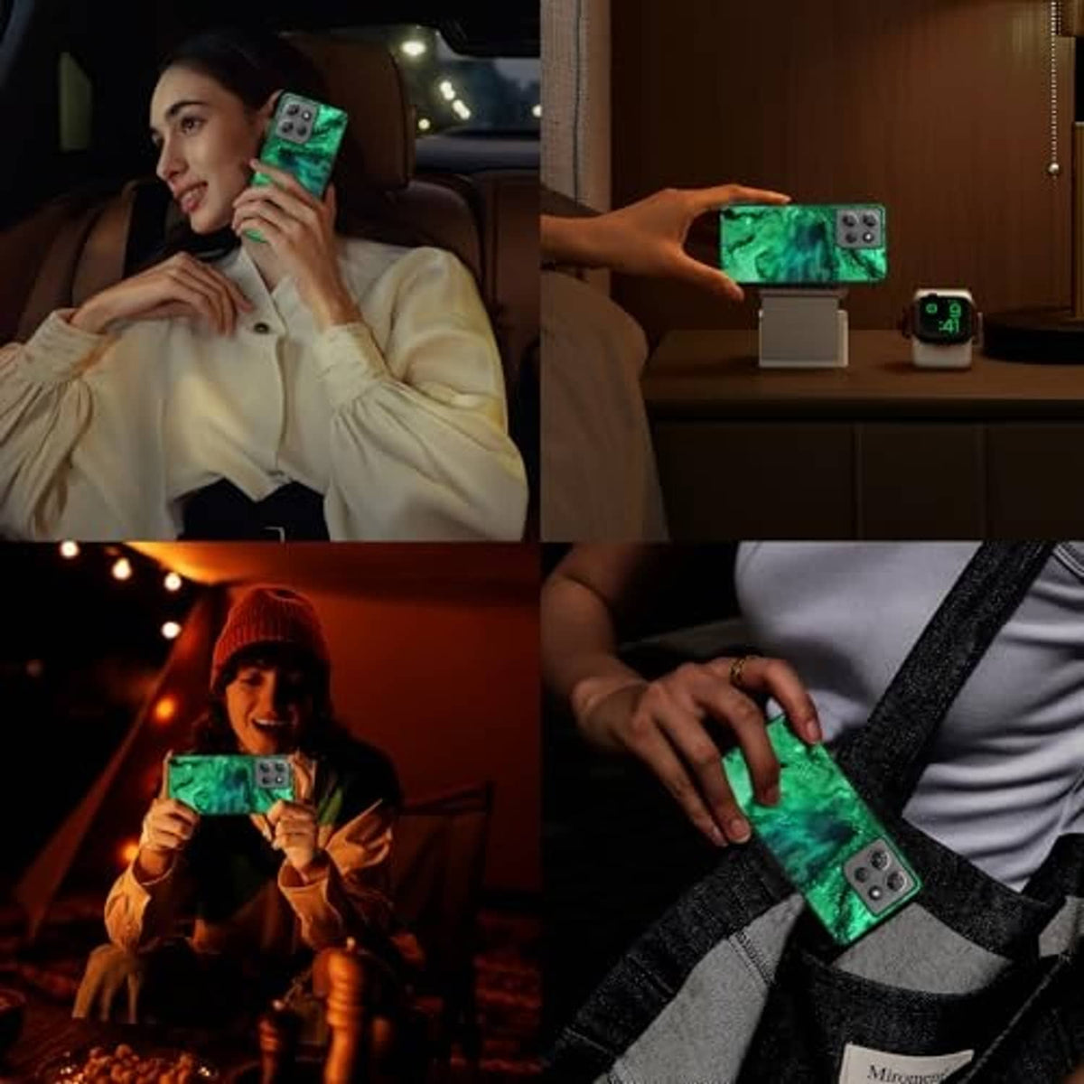 Blue galaxy phone case glowing green in low light, shown on a phone