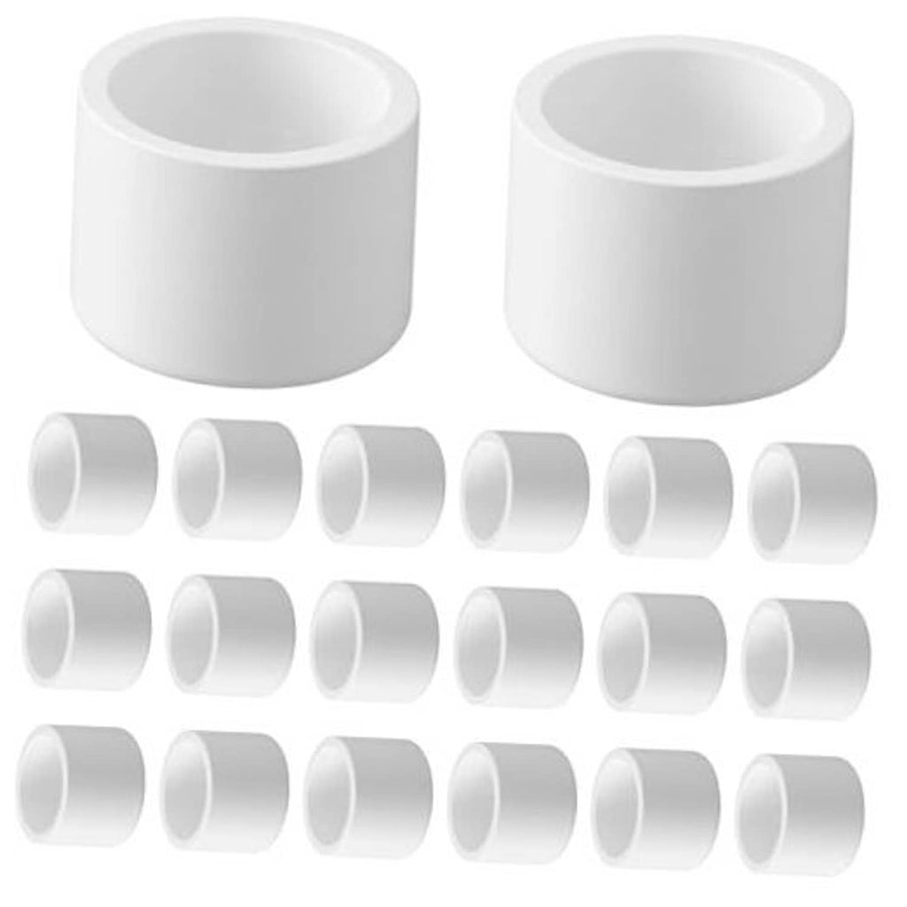 White PVC pipe end cap fittings, round open-ended caps in a pack