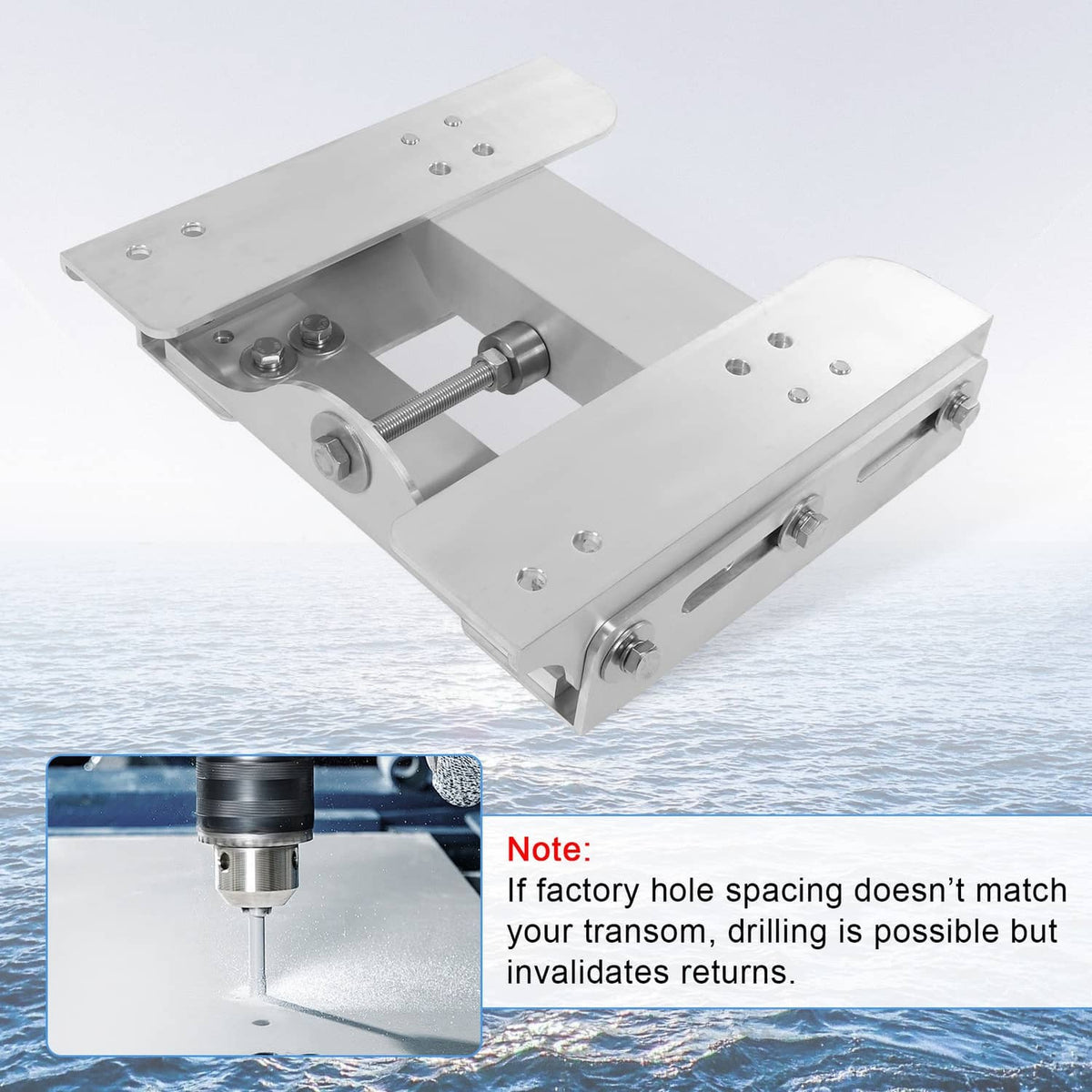 Boat jack plate lifting platform with threaded adjustment rod and mounting bolts, silver