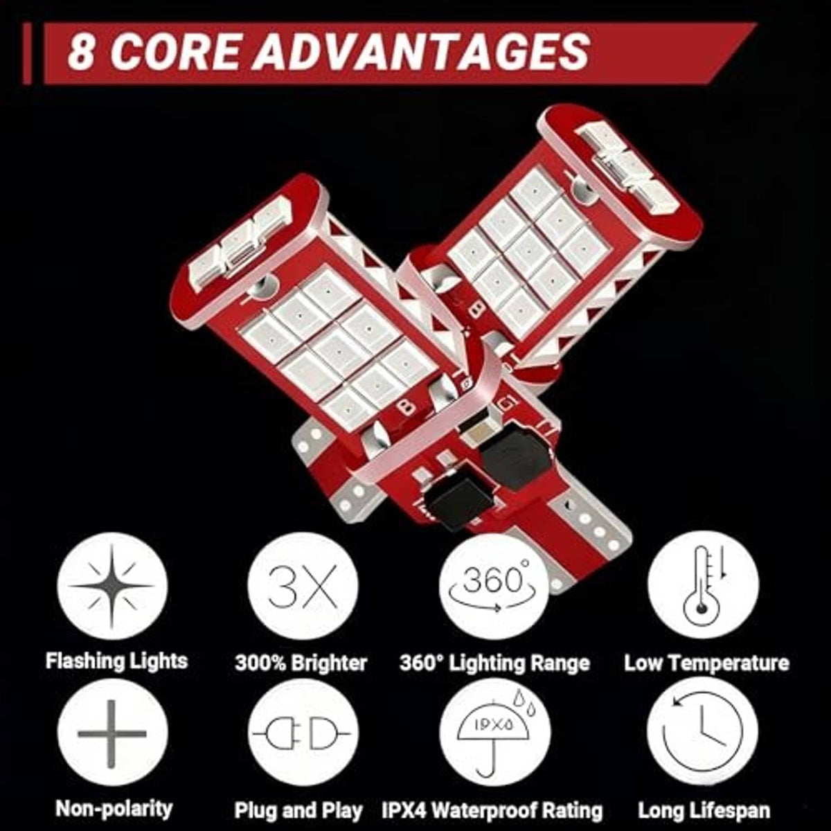 Two red LED bulb modules with white rectangular LED arrays, angled product view
