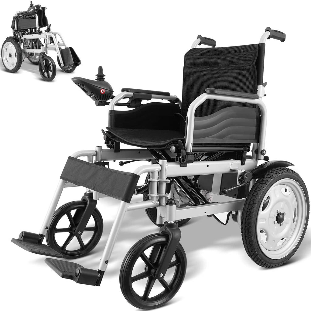 Folding electric wheelchair with black seat cushion and armrests, front view