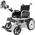 Folding electric wheelchair with black seat cushion and armrests, front view