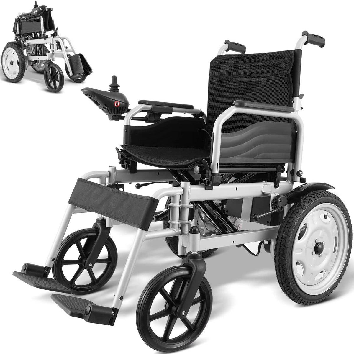 Folding electric wheelchair with black seat cushion and armrests, front view