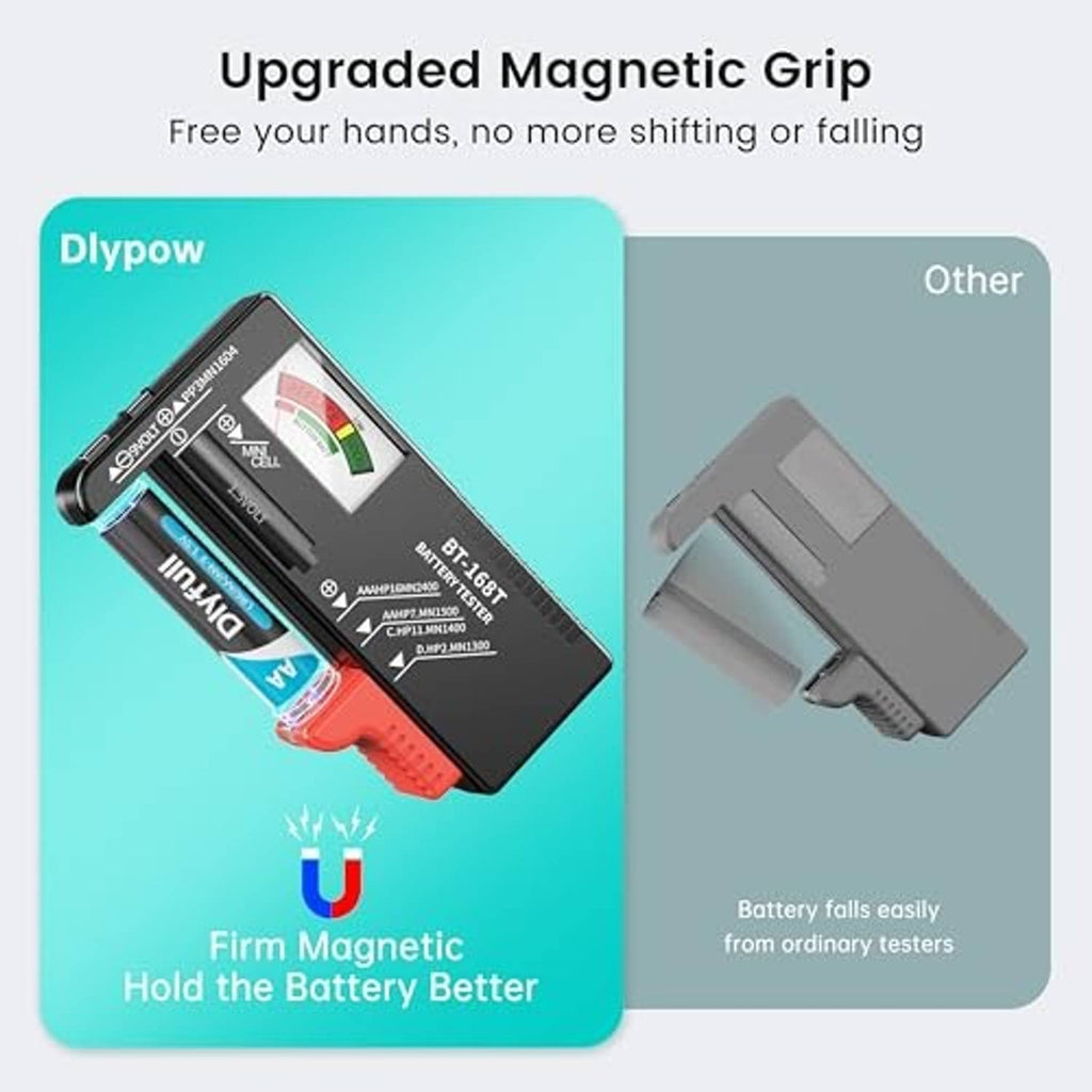 Black battery tester with red grip and magnetic hold concept for testing.