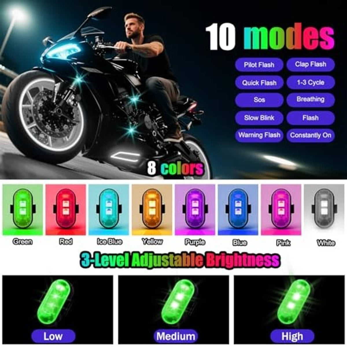 Wireless LED rock light pods showing green glow with adjustable brightness and modes