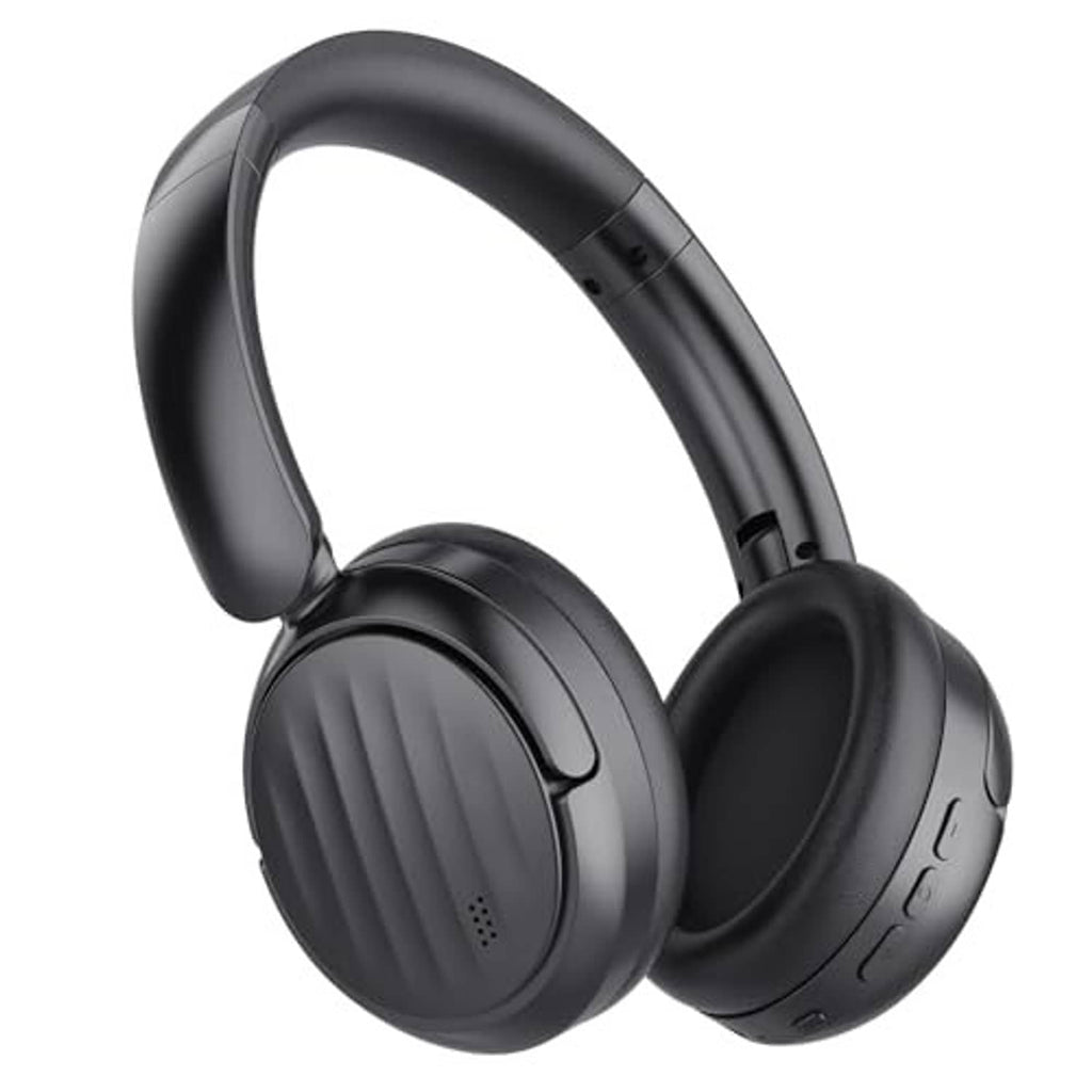 Black over-ear Bluetooth headphones with padded ear cups and adjustable headband