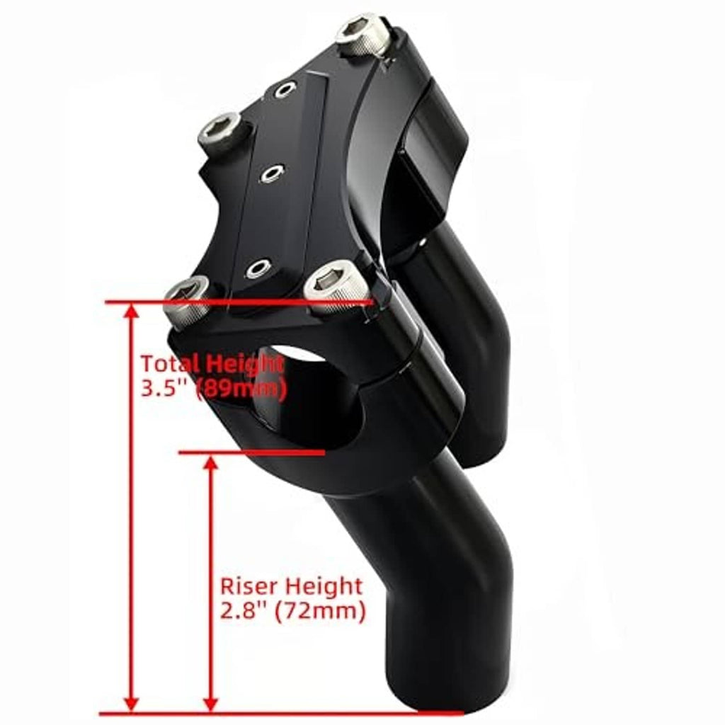 Black motorcycle riser showing 3.5 in (89 mm) total height and 2.8 in (72 mm)